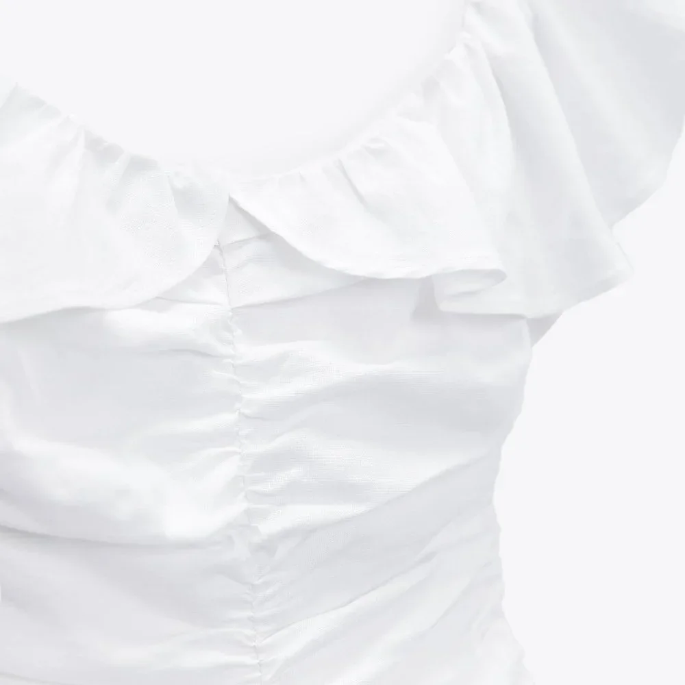 ZARA WHITE LINEN BLEND DRAPED DRESS WITH RUFFLES - Picture 4 of 10